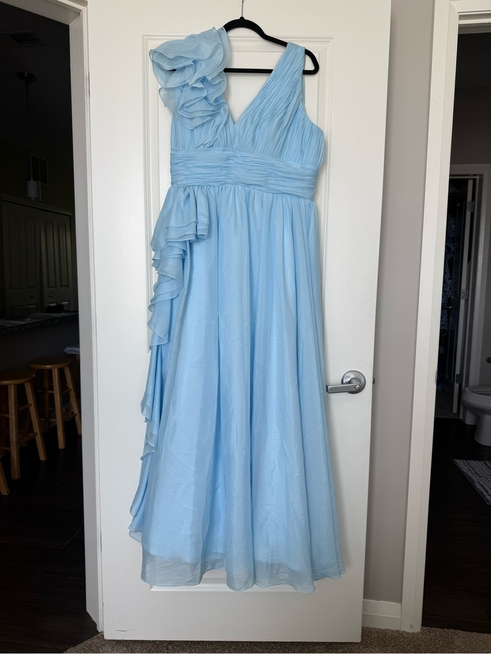 Mac Duggal Light Blue One-Shoulder Ruffle Chiffon Dress